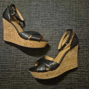 Nine West Black and Tan Wedge Sandals